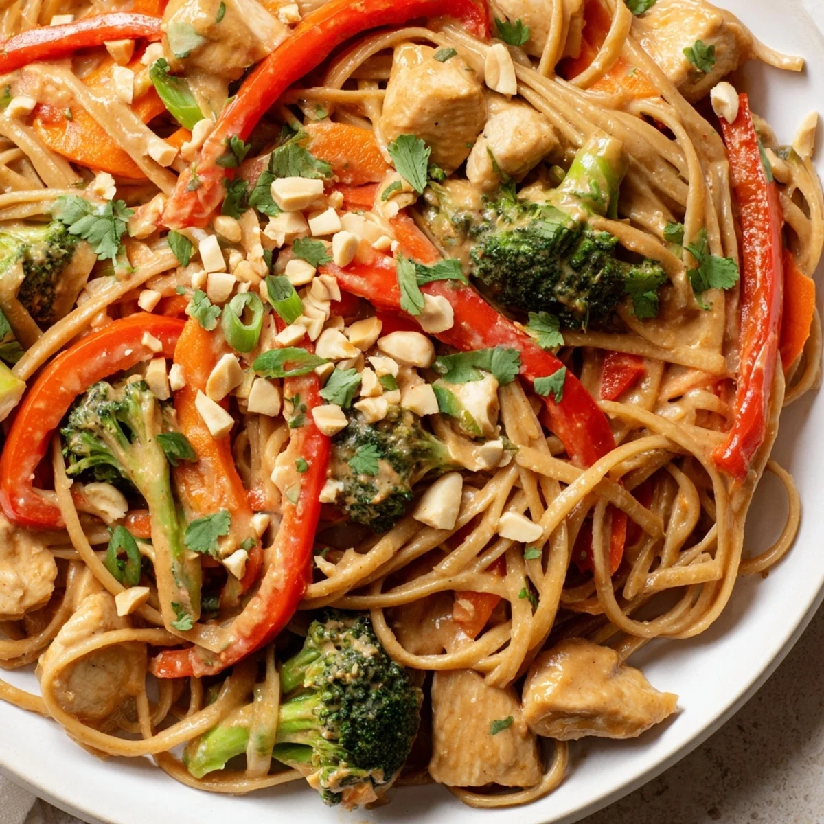 Asian-inspired peanut chicken noodle meal prep with fresh cilantro and sesame seed topping