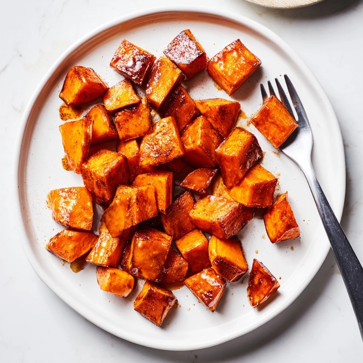 Golden brown honey cinnamon roasted sweet potato cubes arranged on a white baking sheet with caramelized edges