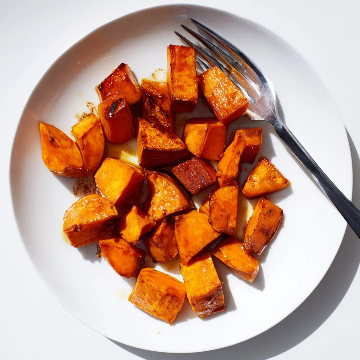 Close-up of fork-tender honey cinnamon roasted sweet potato cubes with sticky glazed coating and cracked cinnamon visible