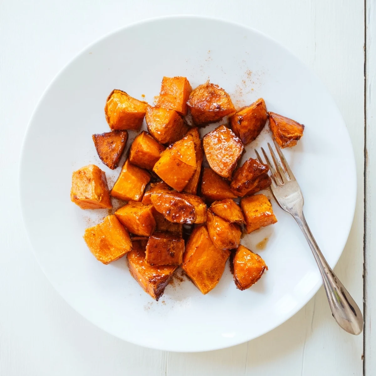 A rustic wooden bowl filled with tender honey cinnamon roasted sweet potato cubes ready for serving