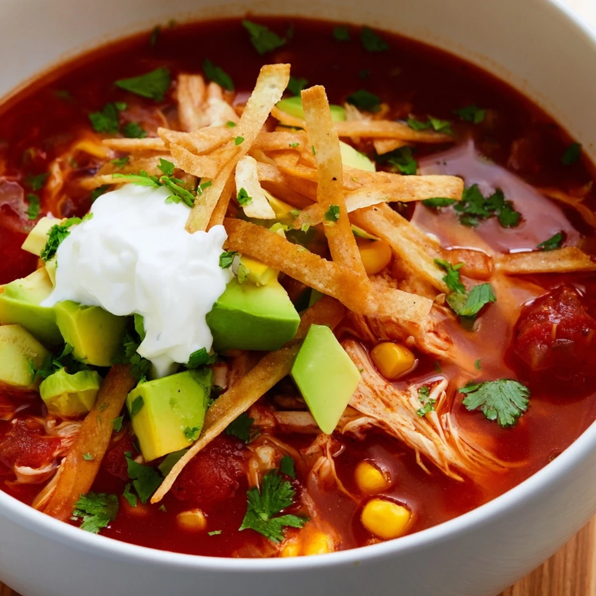 Bowl of Mexican tortilla soup topped with golden crispy tortilla strips, diced avocado, and shredded cheese