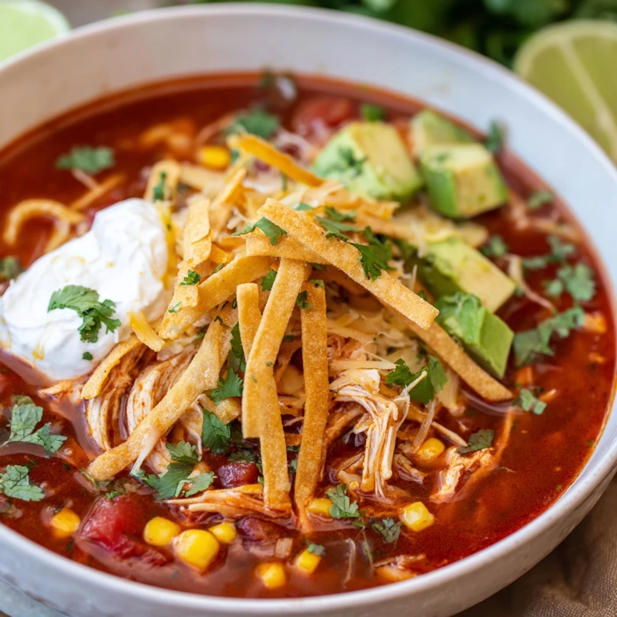 Comforting Mexican tortilla soup garnished with fresh cilantro, creamy avocado, and crunchy baked tortilla strips