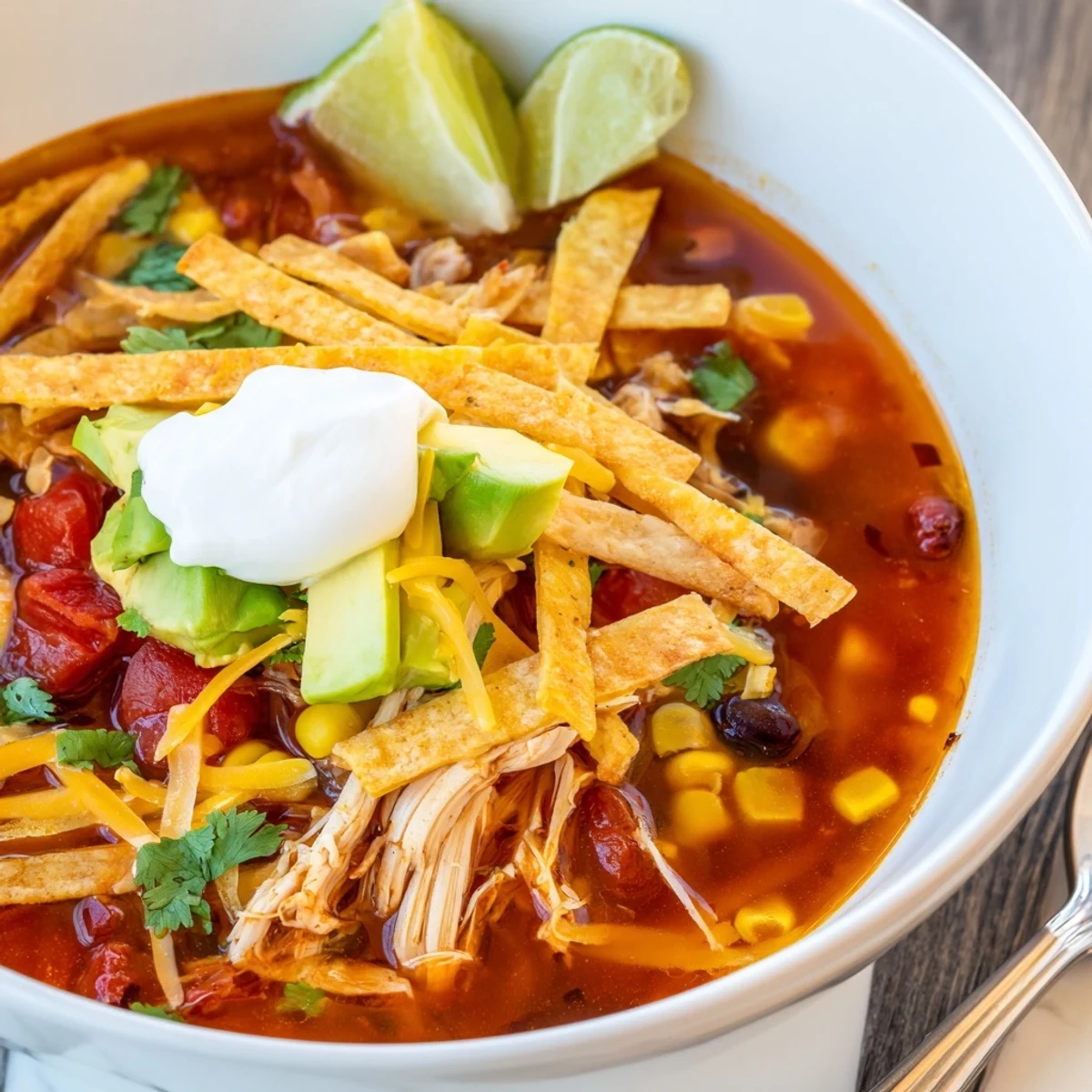 Steaming Mexican tortilla soup featuring tender chicken, corn, and vibrant garnishes in a rich red broth