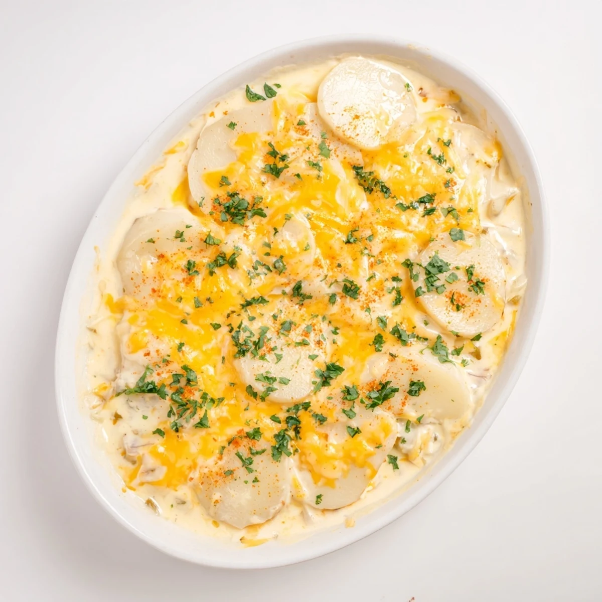 Golden layers of cheesy crockpot scalloped potatoes bubbling in a slow cooker with melted cheddar