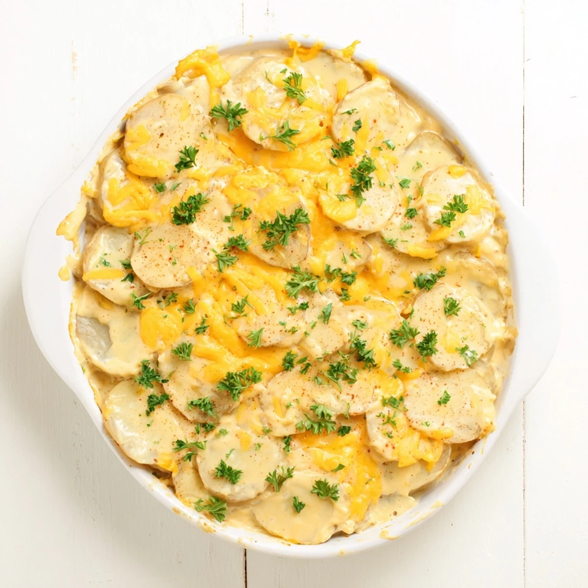 Creamy scalloped potatoes slow-cooked to tender perfection in a crockpot with a golden cheese crust