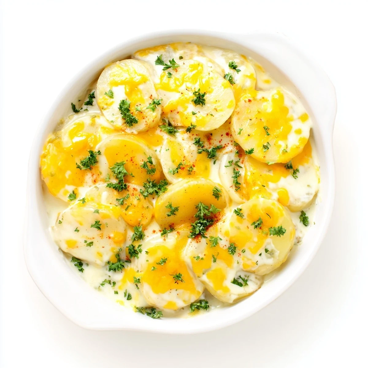 Spoonful of rich cheesy crockpot scalloped potatoes garnished with fresh parsley on a white plate
