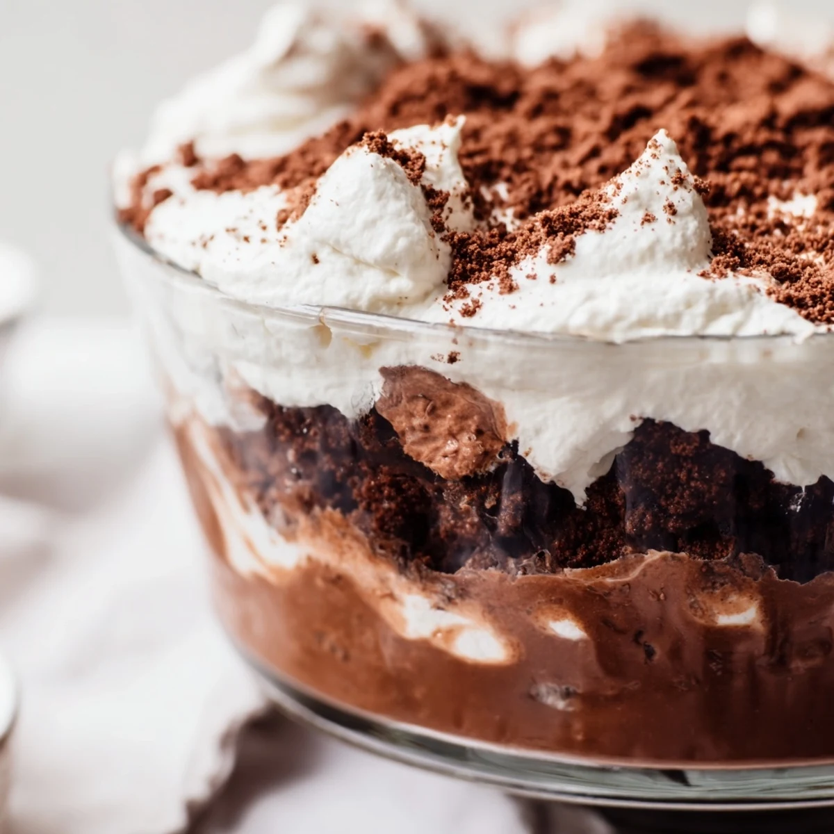 Glass jar displaying layered keto dirt cake with chocolate pudding and whipped cream