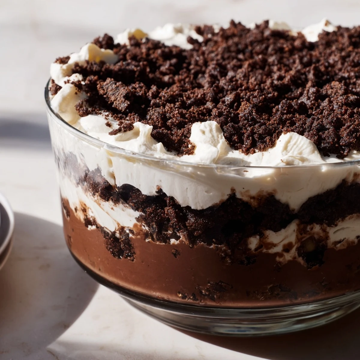 Creamy no-bake keto dirt cake topped with crunchy chocolate almond crumble topping