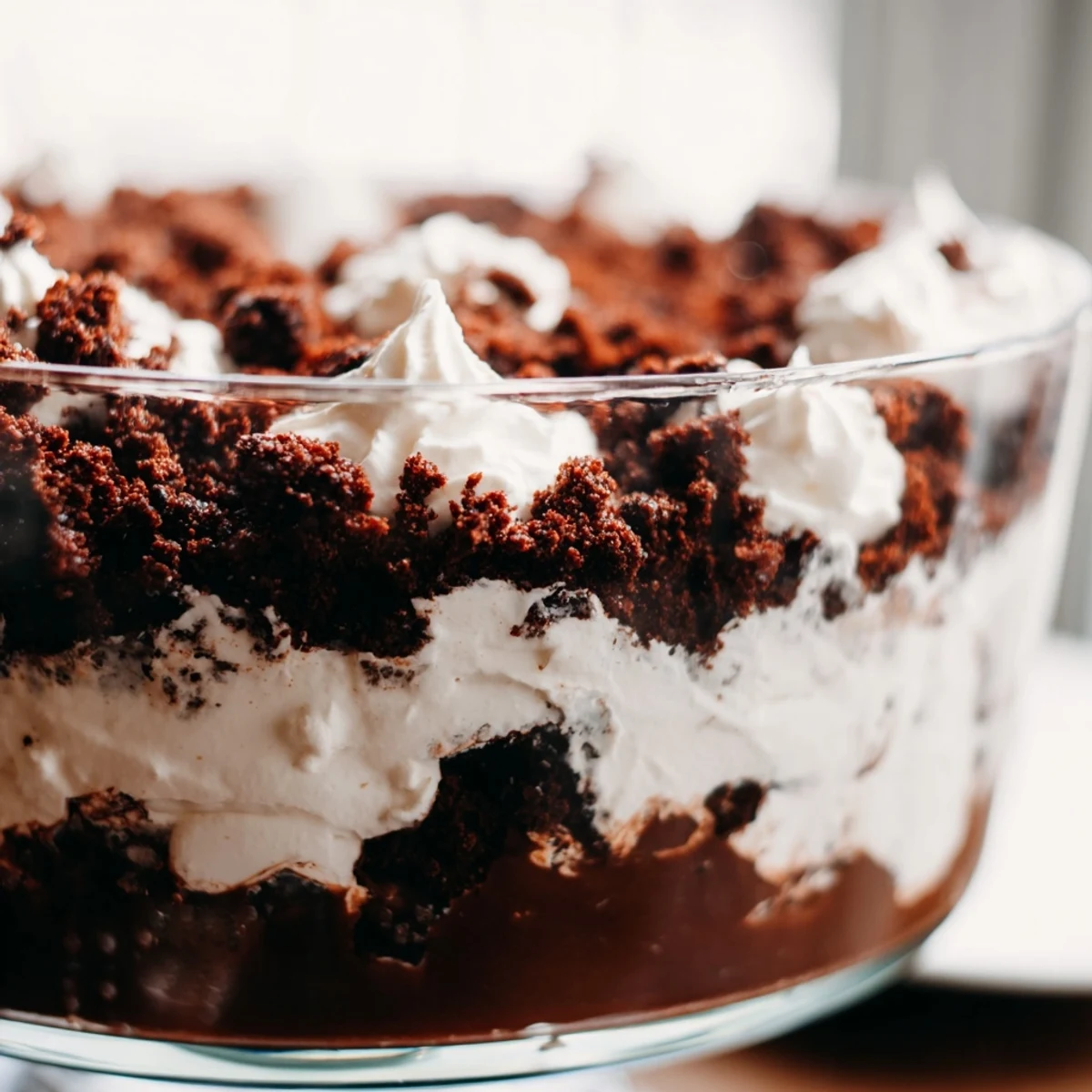 Sliced keto dirt cake revealing rich chocolate pudding and fluffy whipped cream layers