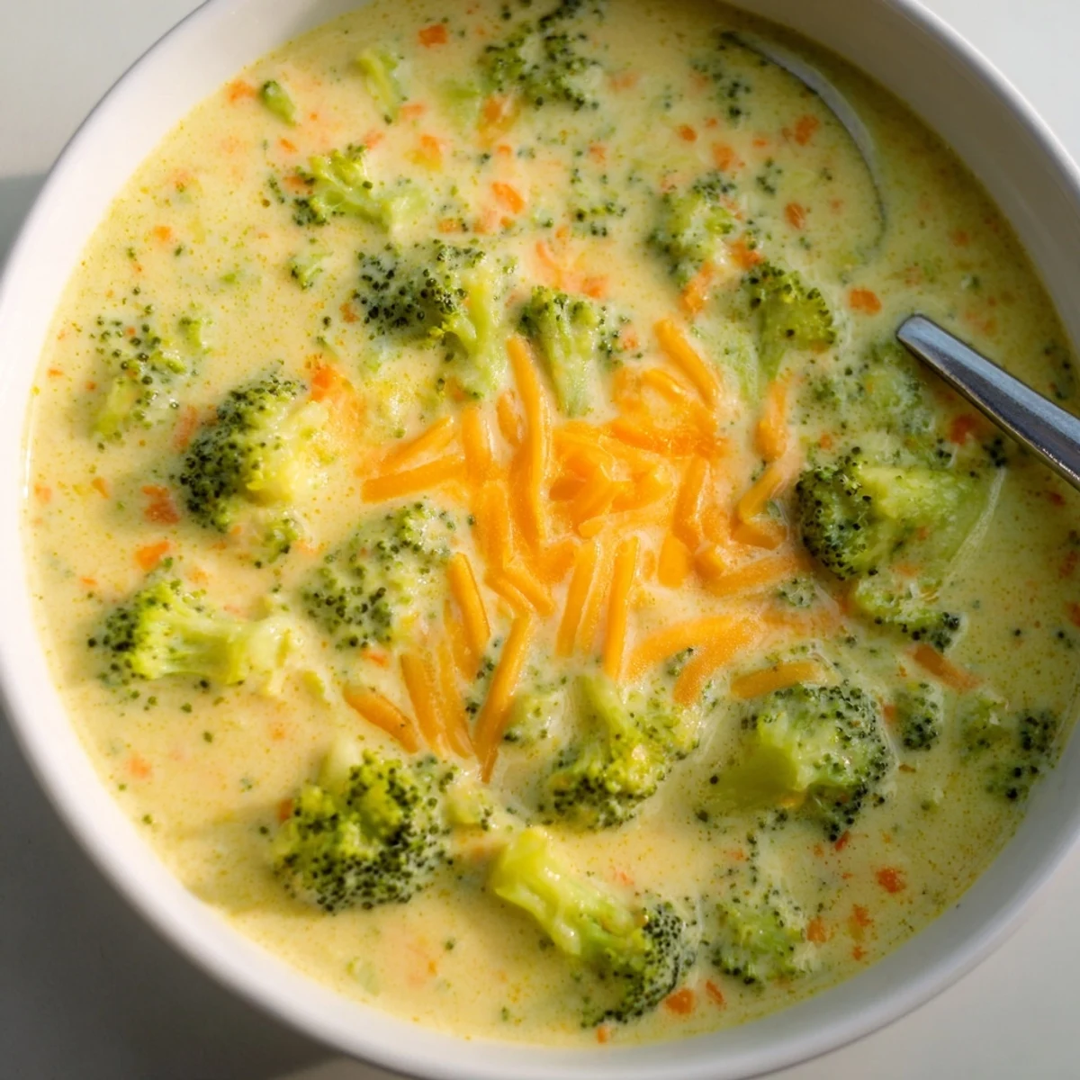 Creamy Instant Pot broccoli cheddar soup ladled into bowls with melted cheese topping