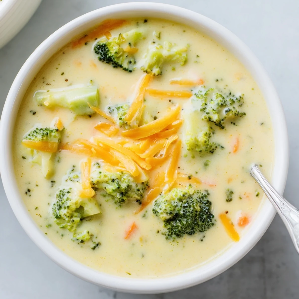 Rich orange Instant Pot broccoli cheddar soup garnished with fresh herbs and cracked pepper