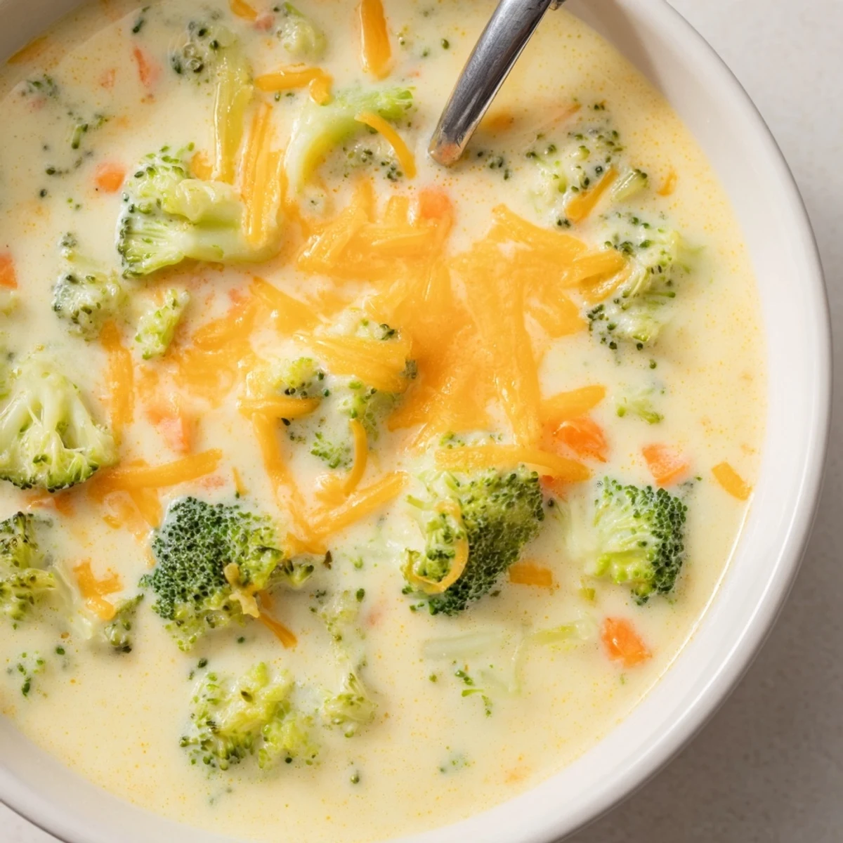 Steamy bowl of homemade Instant Pot broccoli cheddar soup served with crusty bread slices
