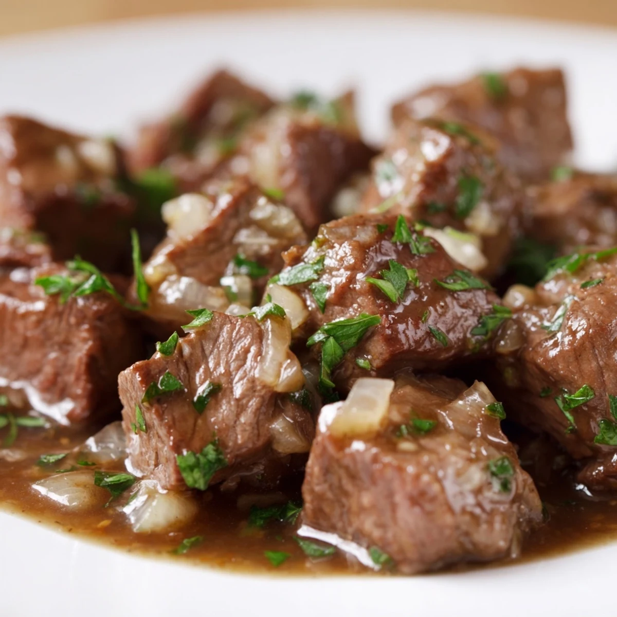 Tender Crockpot steak bites with garlic butter sauce garnished with fresh parsley