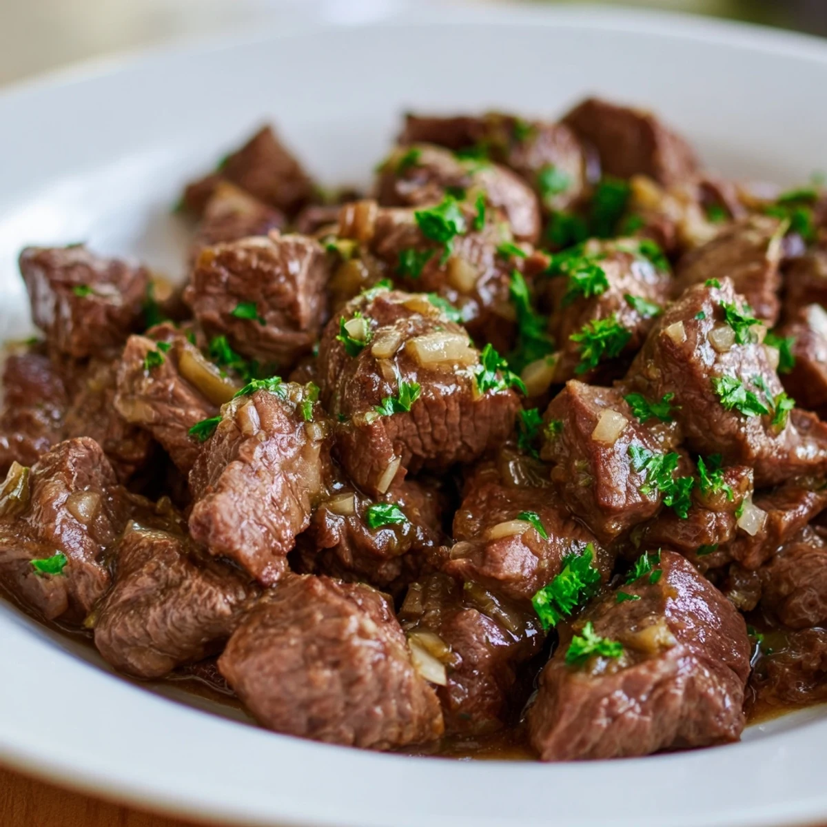 Golden brown seared steak bites slow simmered with onion and Worcestershire sauce