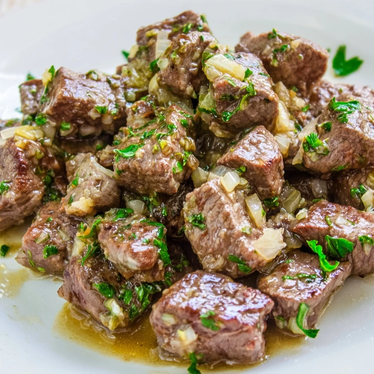 Juicy slow-cooked steak bites in savory beef broth with melted butter and herbs