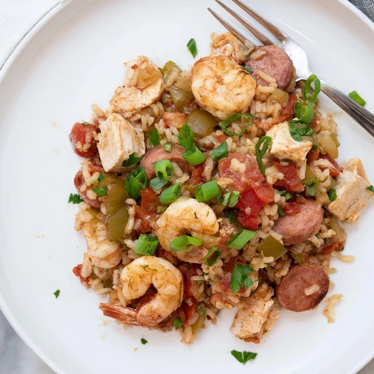 Slow cooker Crock Pot Jambalaya featuring tender chicken, andouille sausage, and pink shrimp in rich red sauce