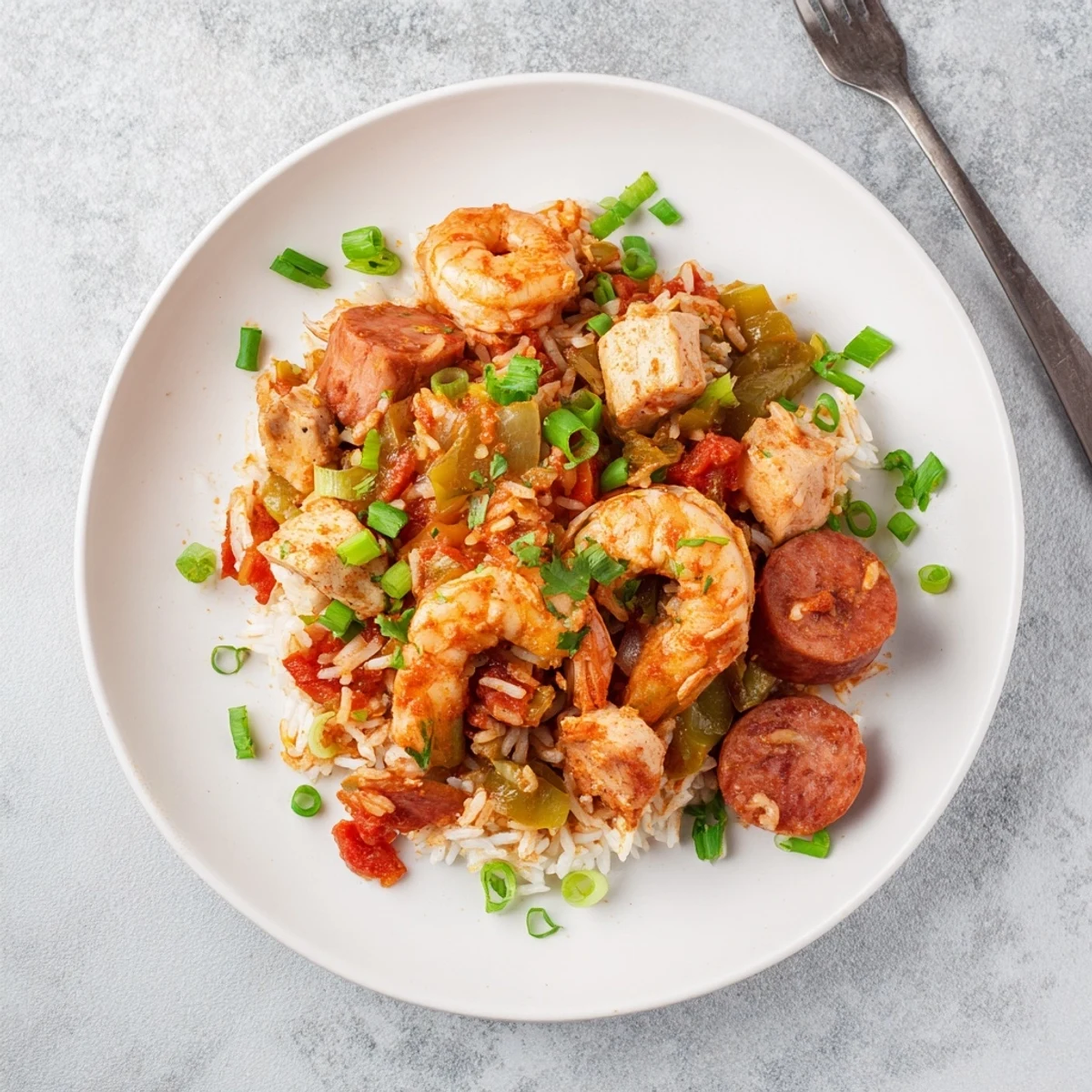 Hearty Crock Pot Jambalaya bowl loaded with succulent meats, fluffy rice, and colorful vegetables in slow-cooked Creole sauce