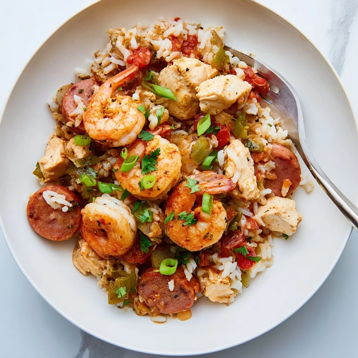 Golden rice Crock Pot Jambalaya topped with plump shrimp and sliced andouille sausage, garnished with fresh green onions