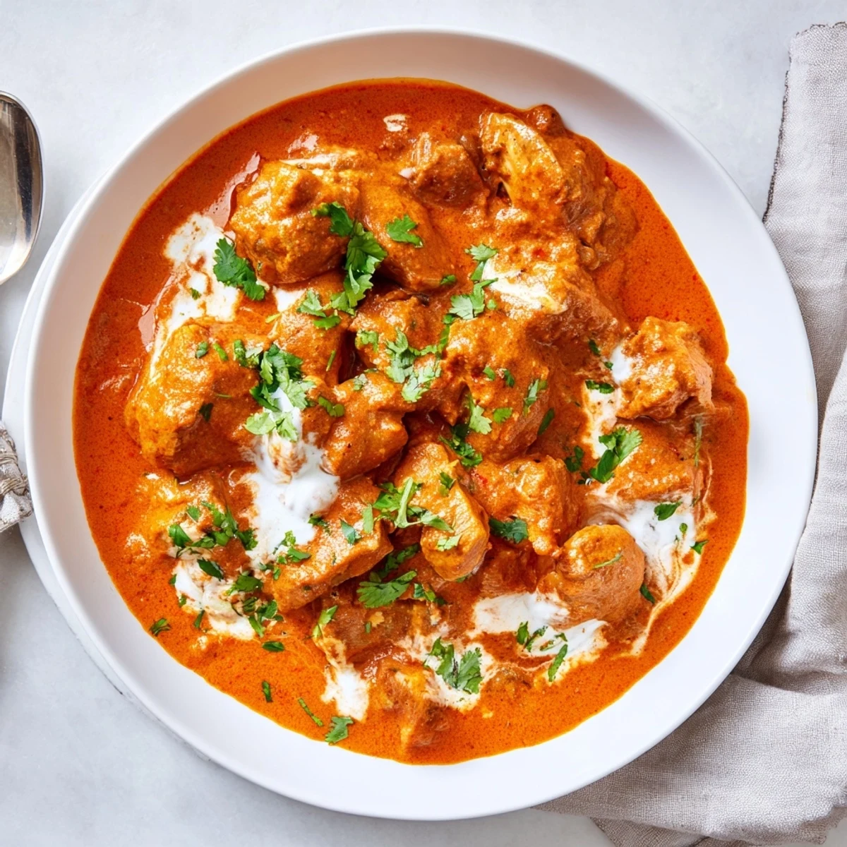 Creamy Instant Pot butter chicken featuring tender pieces in a spiced tomato sauce garnished with fresh cilantro