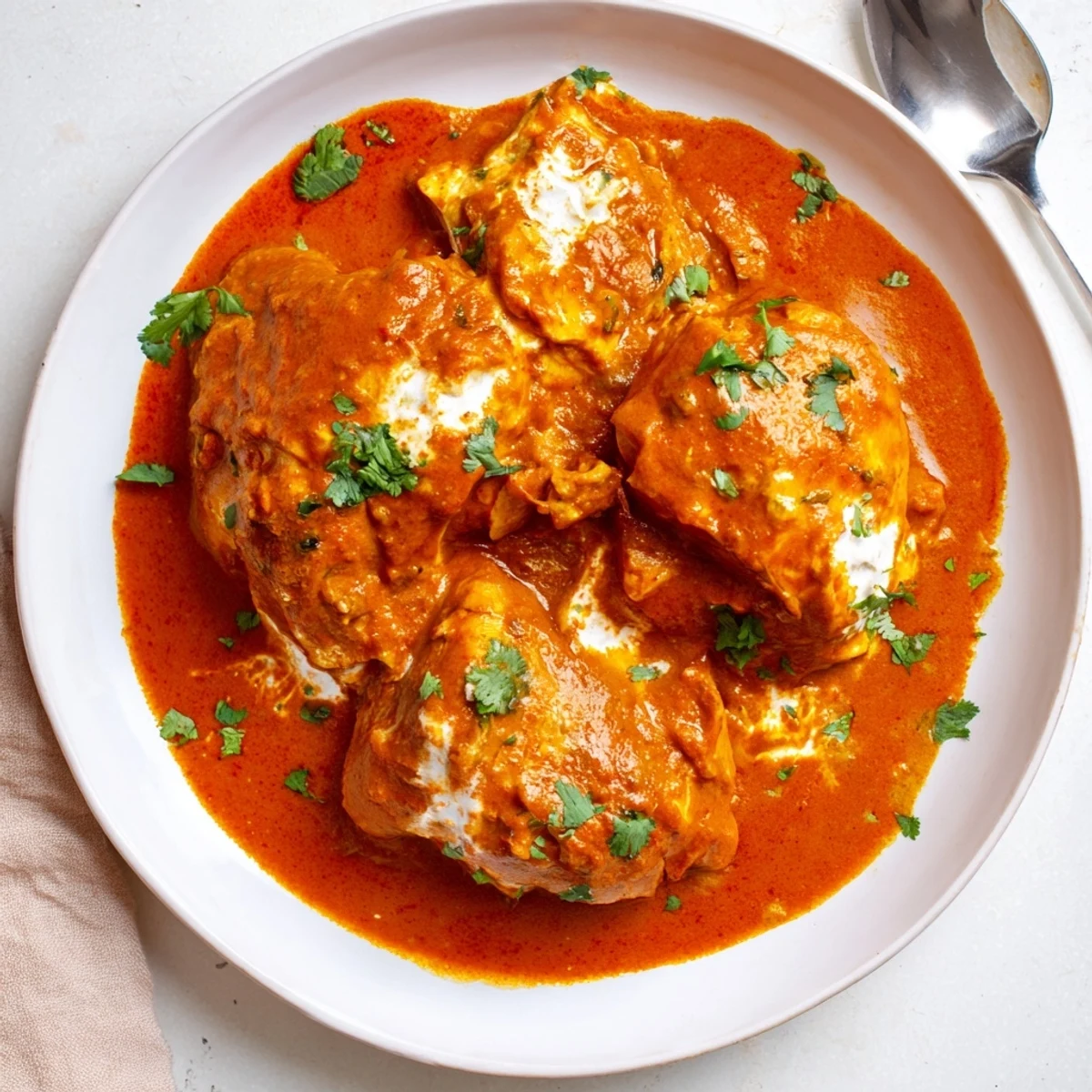 Silky butter chicken with aromatic spices served over fluffy basmati rice alongside warm naan bread