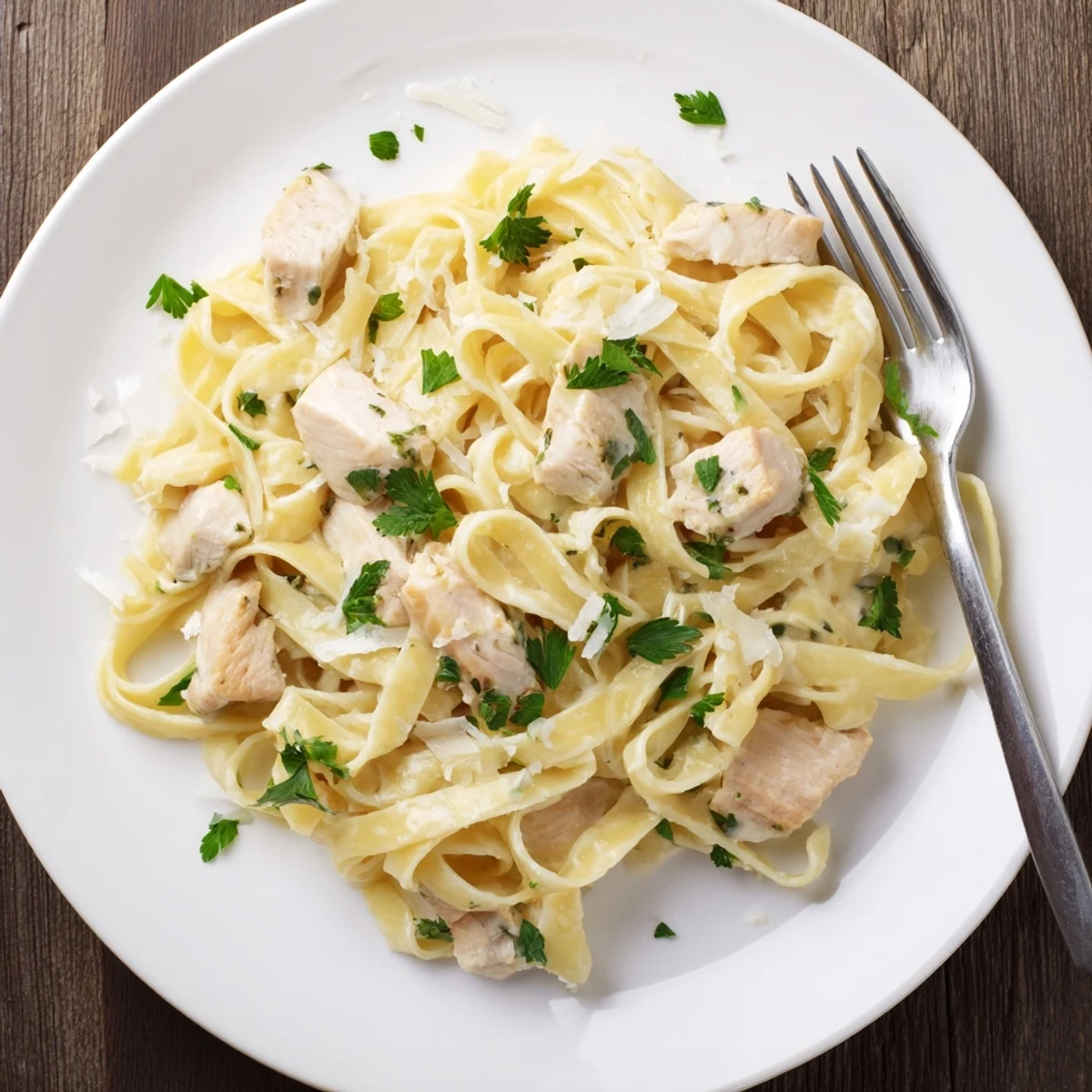 Creamy Instant Pot Chicken Alfredo with tender chicken pieces and parmesan garlic sauce coating fettuccine pasta