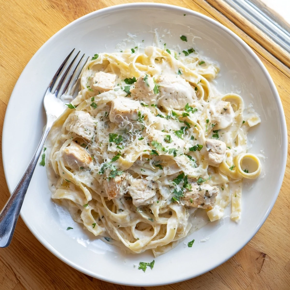 Homemade Instant Pot Chicken Alfredo showing silky pasta tossed with juicy chicken and melted cheese garnish