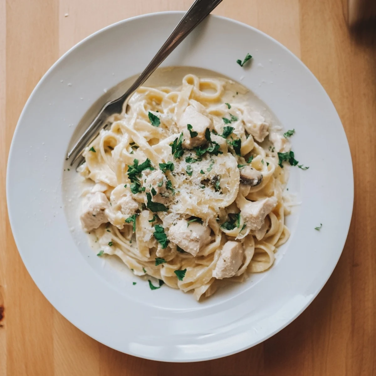 Steaming bowl of Instant Pot Chicken Alfredo featuring golden chicken chunks in rich white parmesan cream sauce