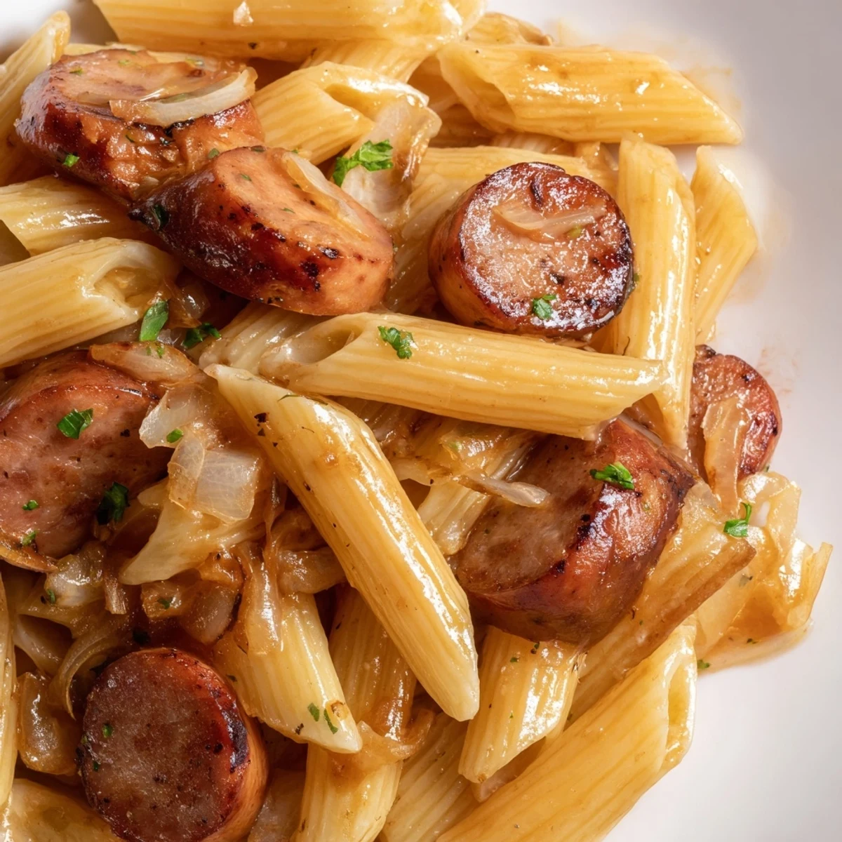 Golden honey garlic sausage pasta skillet featuring caramelized meat slices coated in sticky glaze