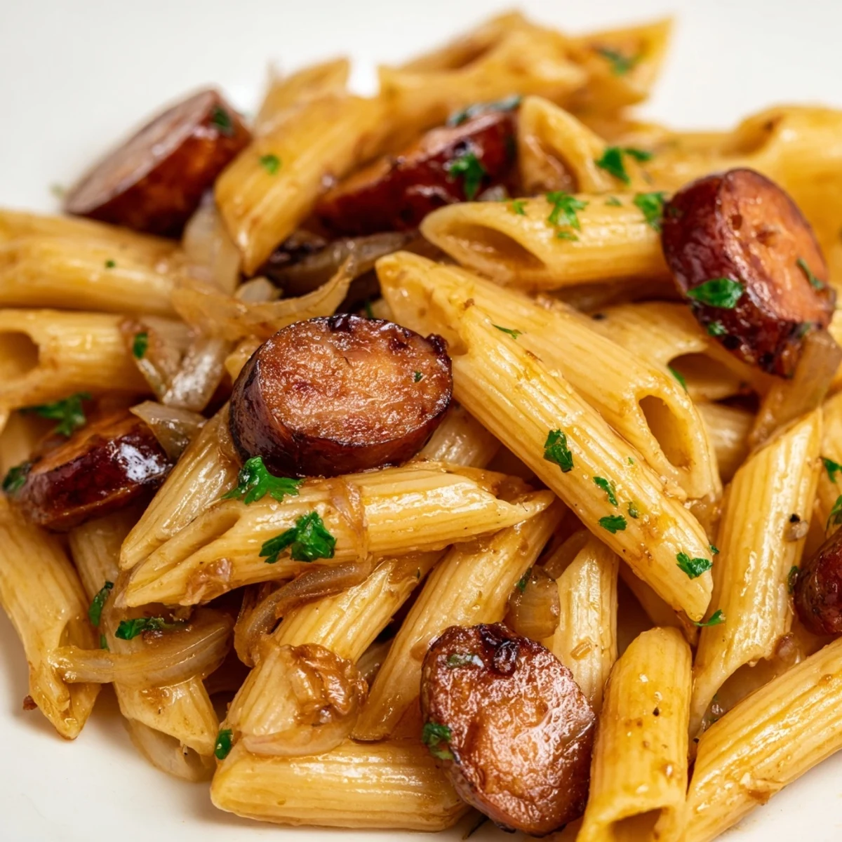 Rustic skillet of honey garlic sausage pasta garnished with fresh parsley and glistening coating