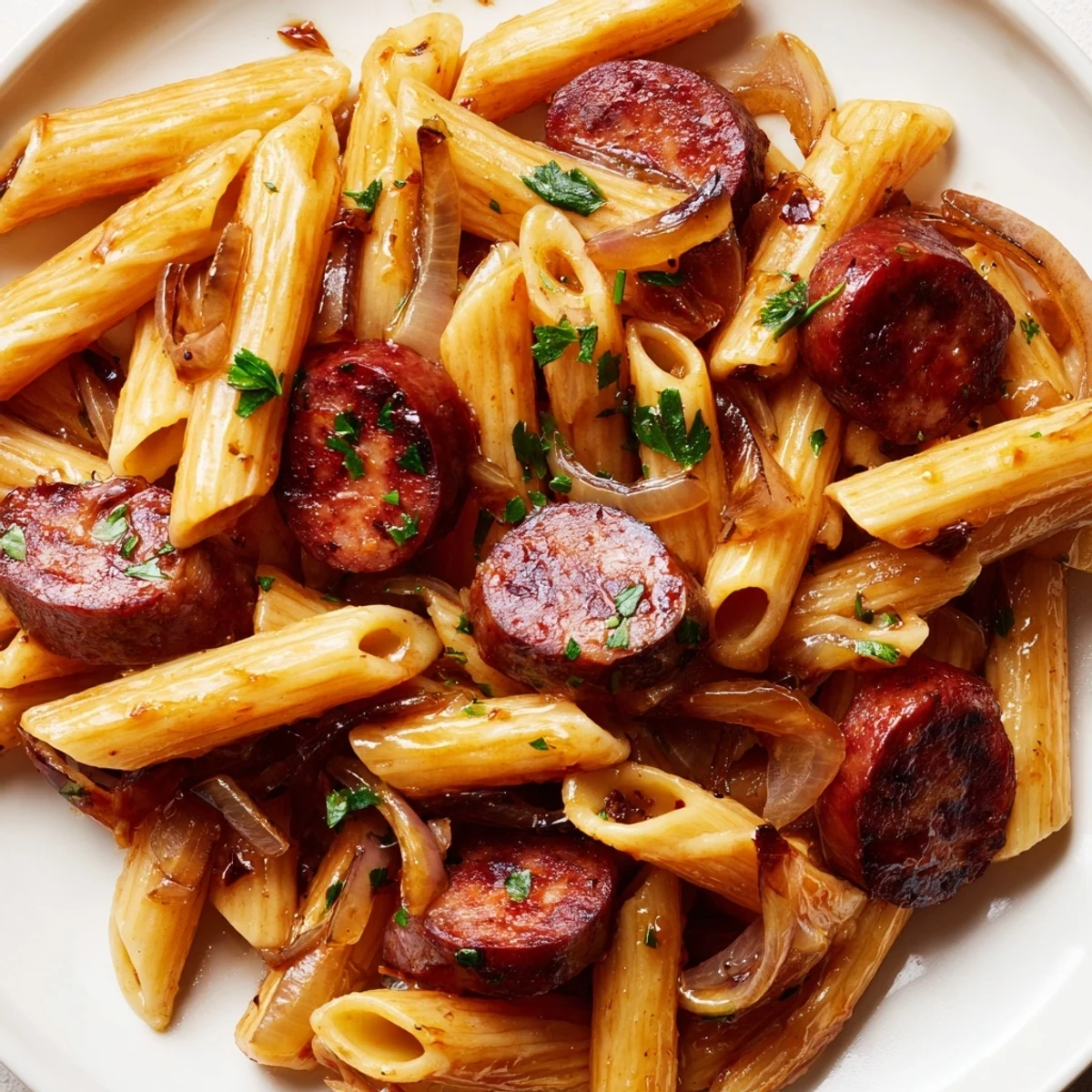 One-pan honey garlic sausage pasta dish with tender noodles and savory sweet sauce reduction