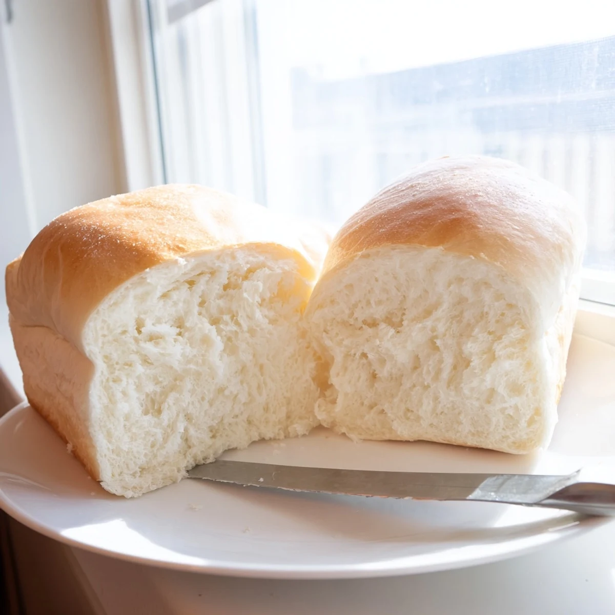 Two warm loaves of homemade Amish white bread brushed with melted butter ready to slice