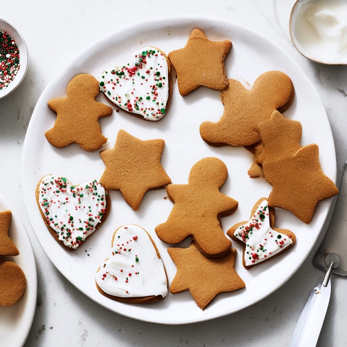 Soft spiced gingerbread cookies shaped like stars and hearts with royal icing details arranged on baking parchment