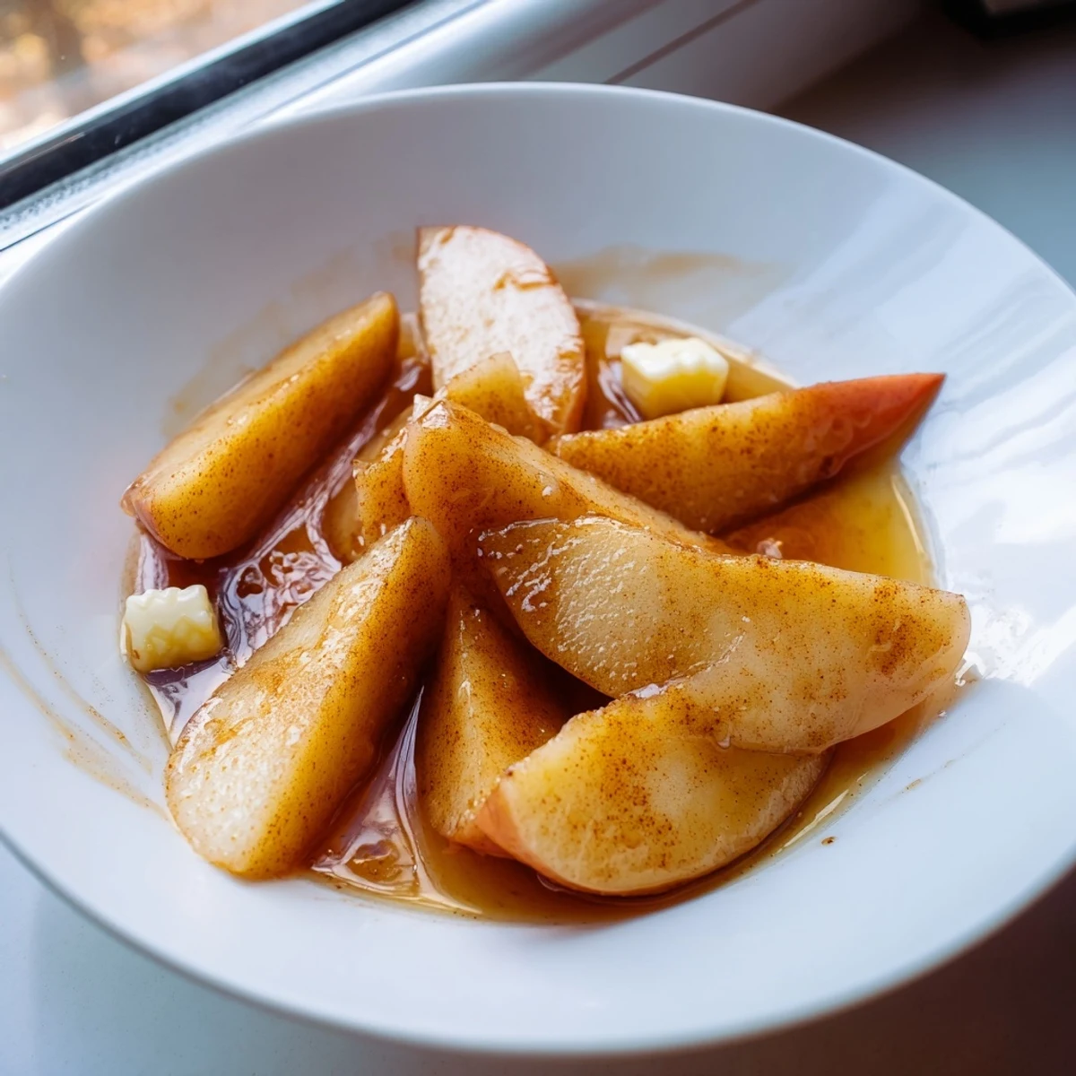 Golden tender Instant Pot cinnamon apples floating in warm spiced brown sugar syrup