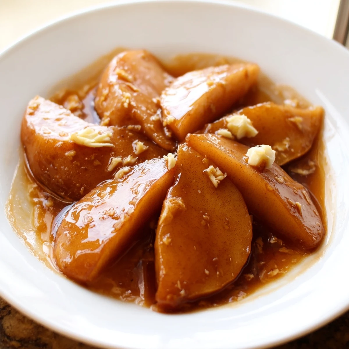 Bowl of steaming cinnamon apples topped with melting butter and rich maple glaze