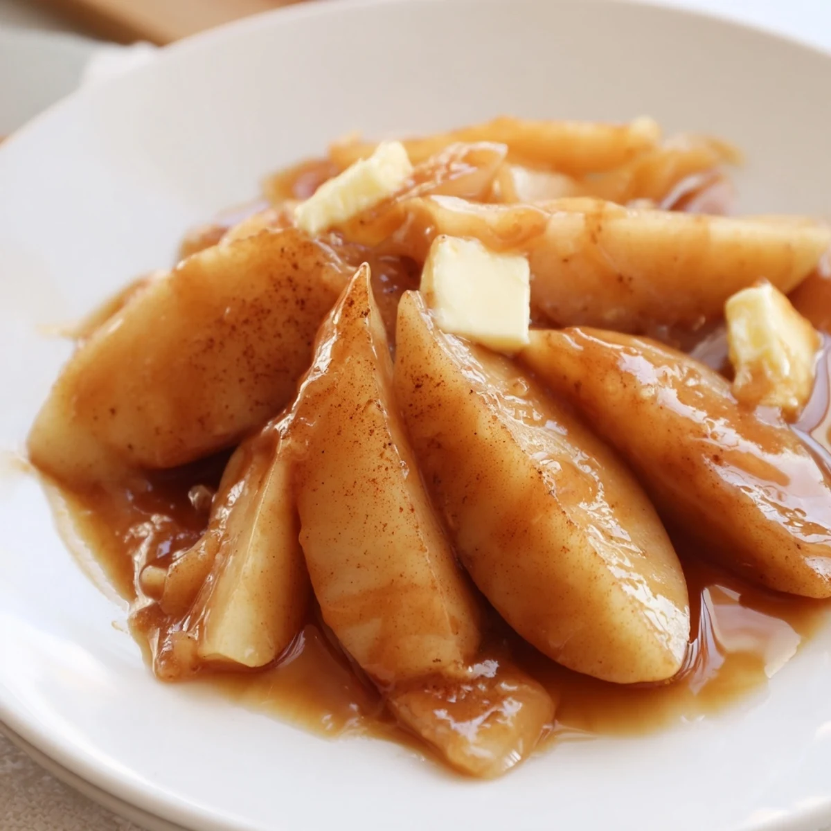 Close-up of soft spiced apple slices coated in caramelized cinnamon sauce for dessert