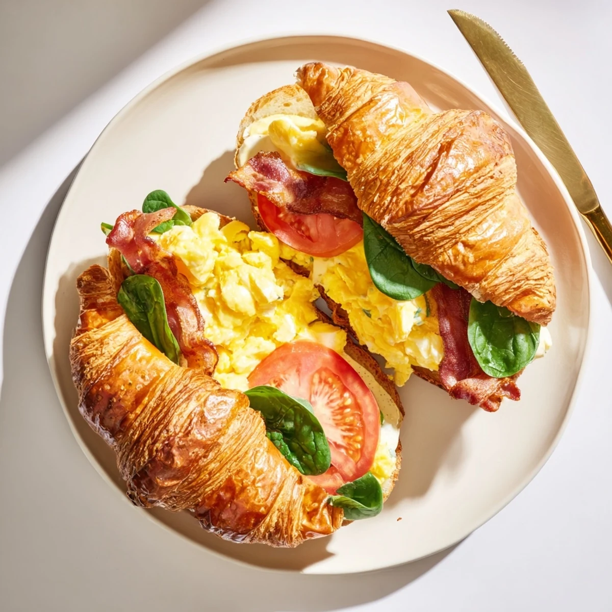 Golden croissant breakfast sandwiches stacked with fluffy scrambled eggs, crispy bacon, and melted cheddar cheese