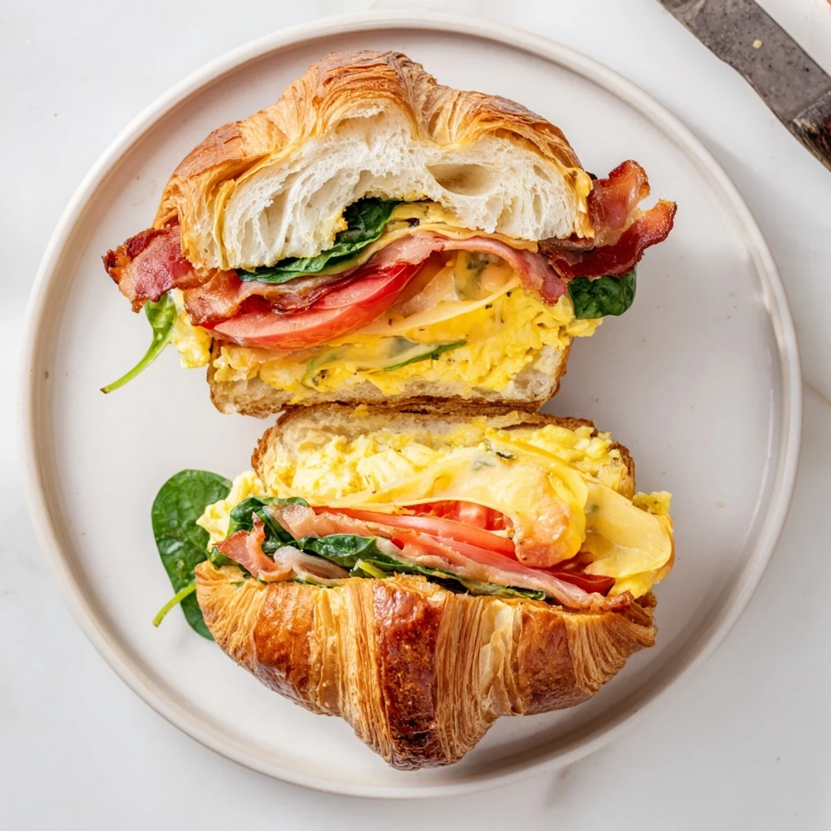 Buttery croissant halves filled with savory eggs, bacon slices, and fresh spinach on a rustic wooden board