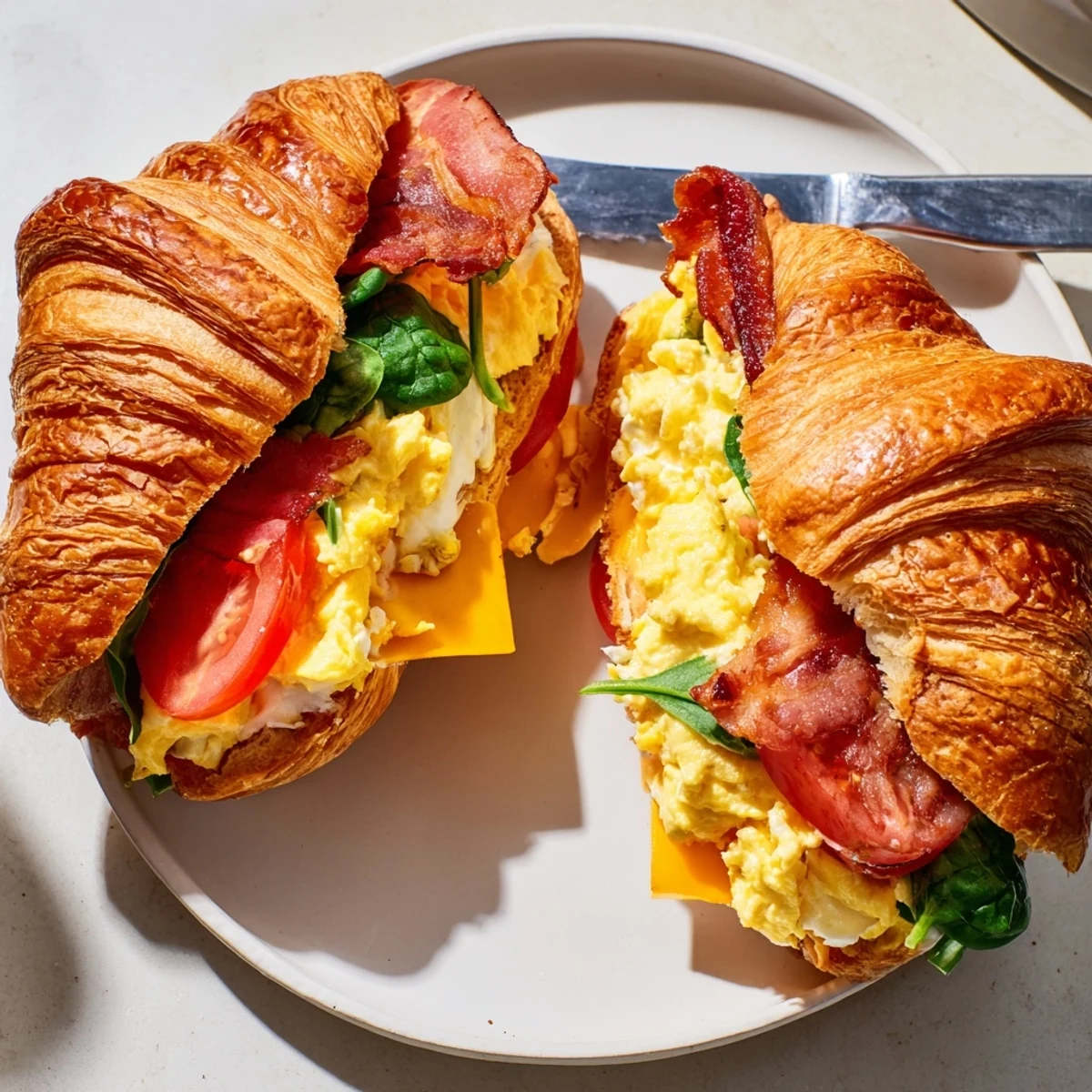 Flaky pastry croissant breakfast sandwiches with tomato, cheese, and bacon ready for a hearty morning meal
