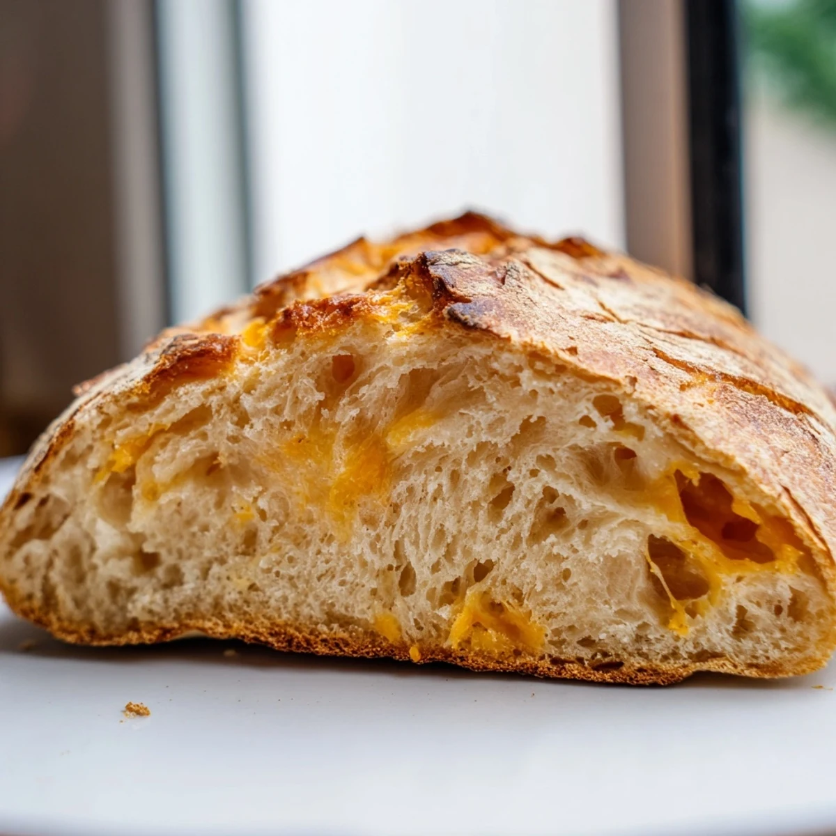 Golden no knead cheddar bread loaf with crisp crust and melted cheese strands visible inside