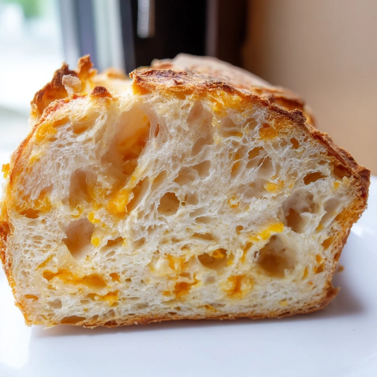 Rustic homemade no knead cheddar bread sliced to reveal tender cheesy crumb perfect for sandwiches