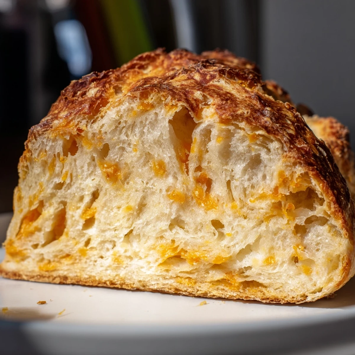 Freshly baked no knead cheddar bread with deep golden crust resting on wire cooling rack