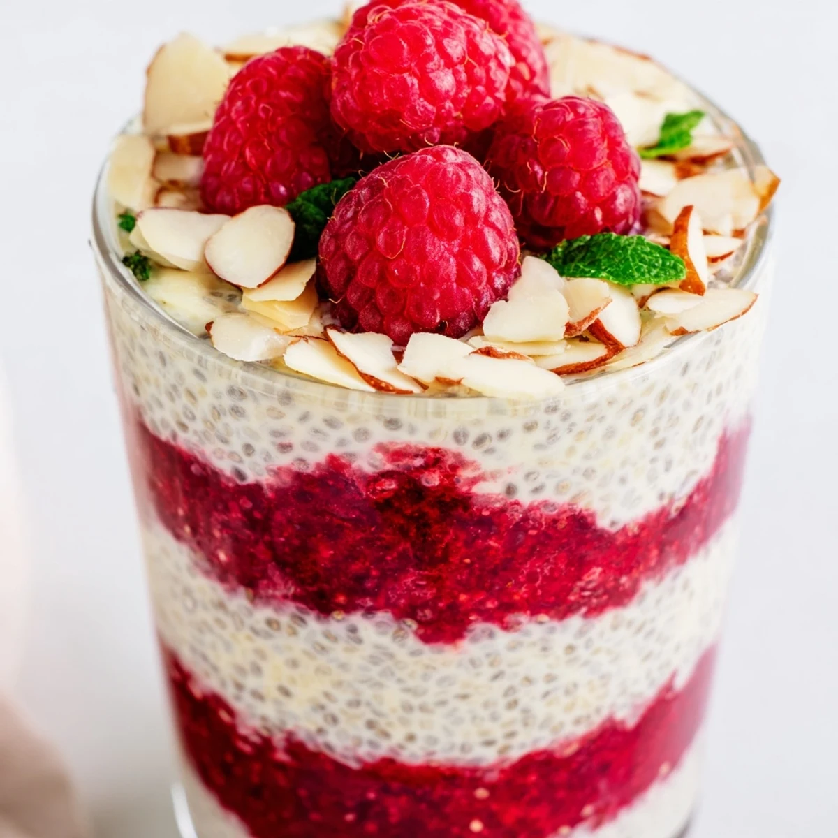 Creamy raspberry chia pudding sweetened naturally with maple syrup and topped with fresh berries