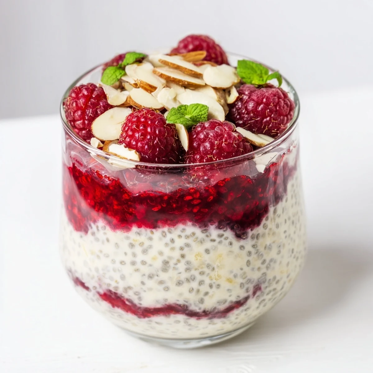 Layered chia seed pudding featuring tart raspberries and pure maple syrup in glass jars
