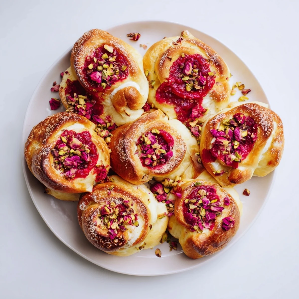 Golden raspberry and rose cheesecake buns garnished with pistachios on a wooden board
