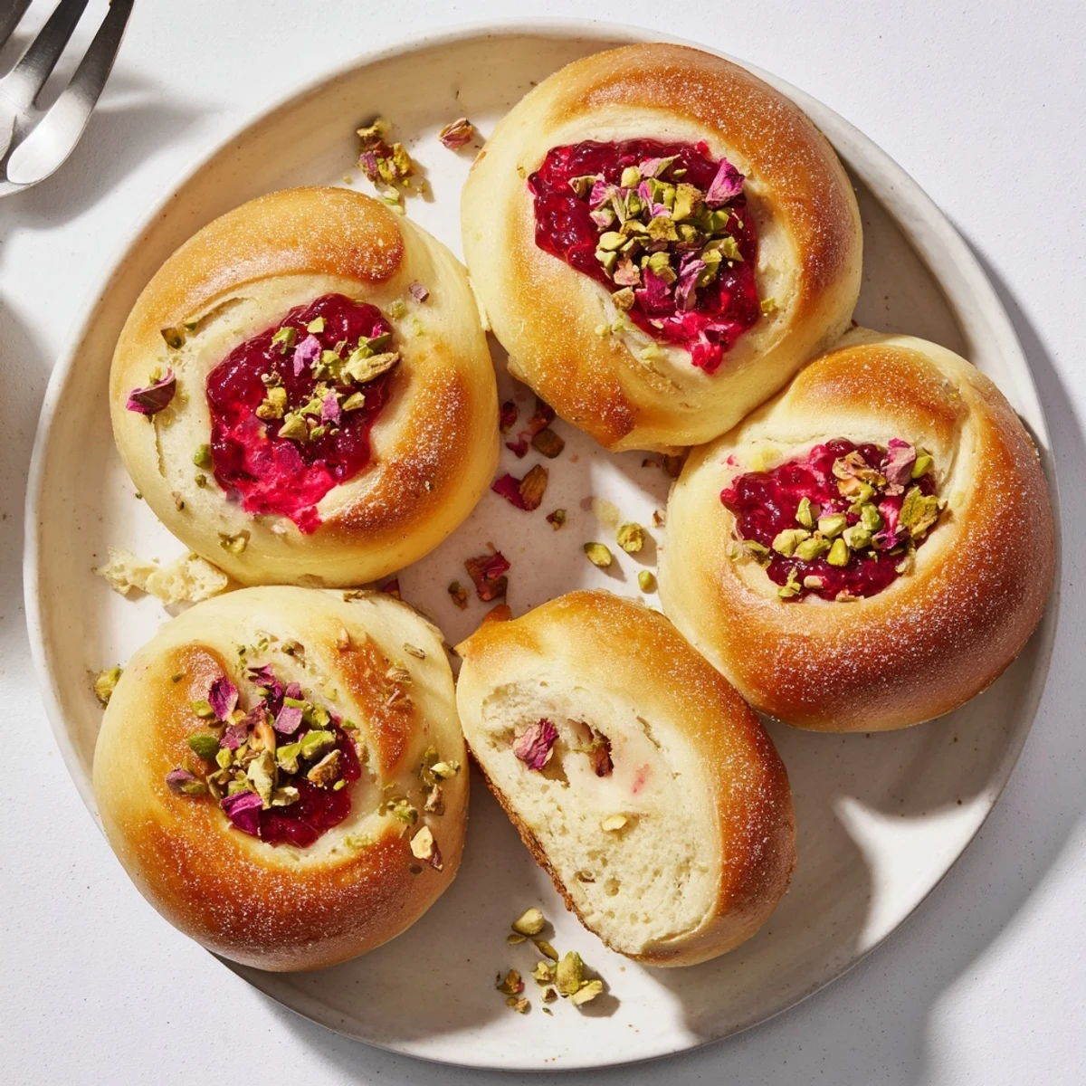 Soft rose-infused cheesecake buns filled with vibrant raspberry compote, freshly baked and golden