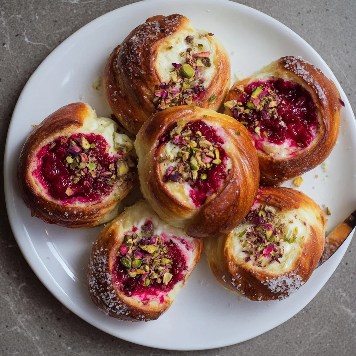 Fluffy sweet buns topped with rose-scented cream cheese and tart raspberry swirls