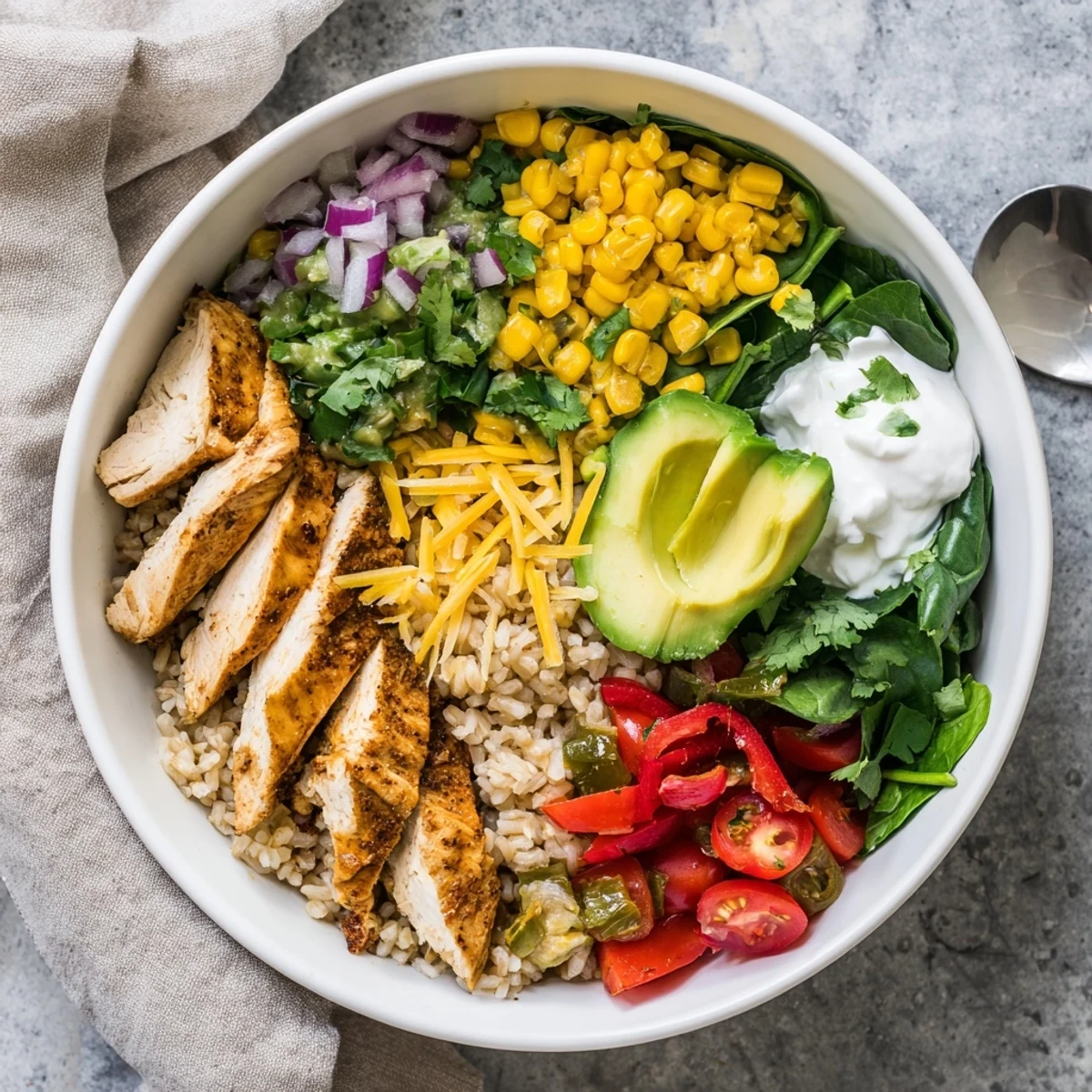 Colorful Southwest Spice Green Chile Bowl topped with avocado, cheese, and fresh cilantro garnish.