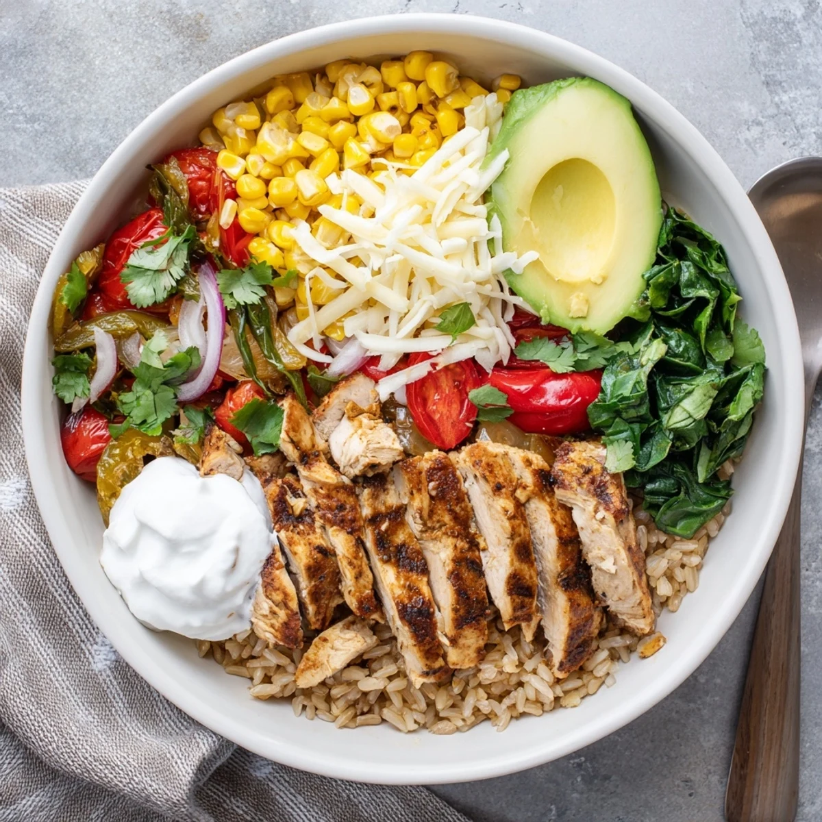 Sizzling Southwest Spice Green Chile Bowl served over brown rice with lime wedge and creamy toppings.