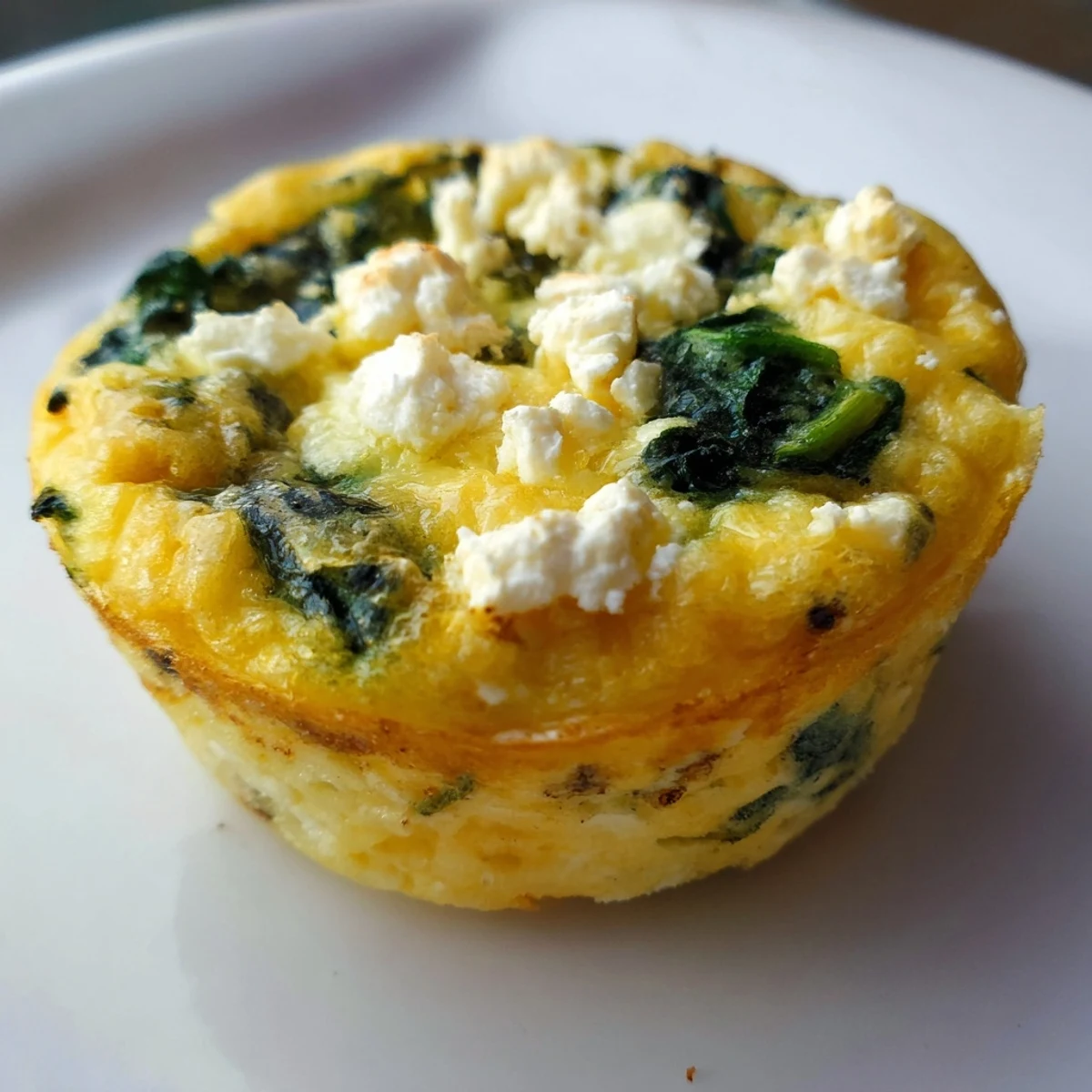Fluffy egg muffins featuring vibrant spinach and crumbled feta cheese on white background