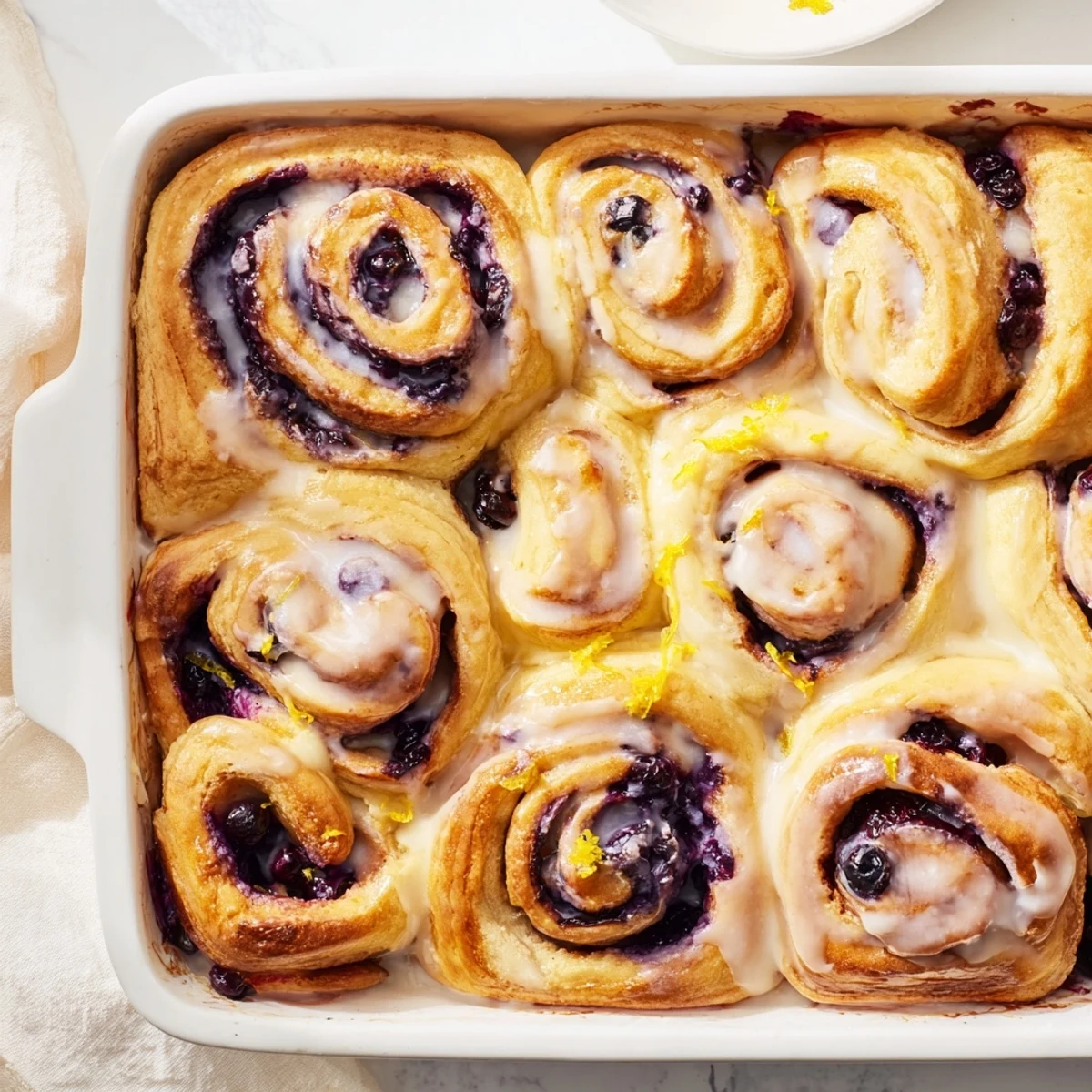 Soft swirled lemon blueberry rolls golden from the oven with sweet tangy fruit filling